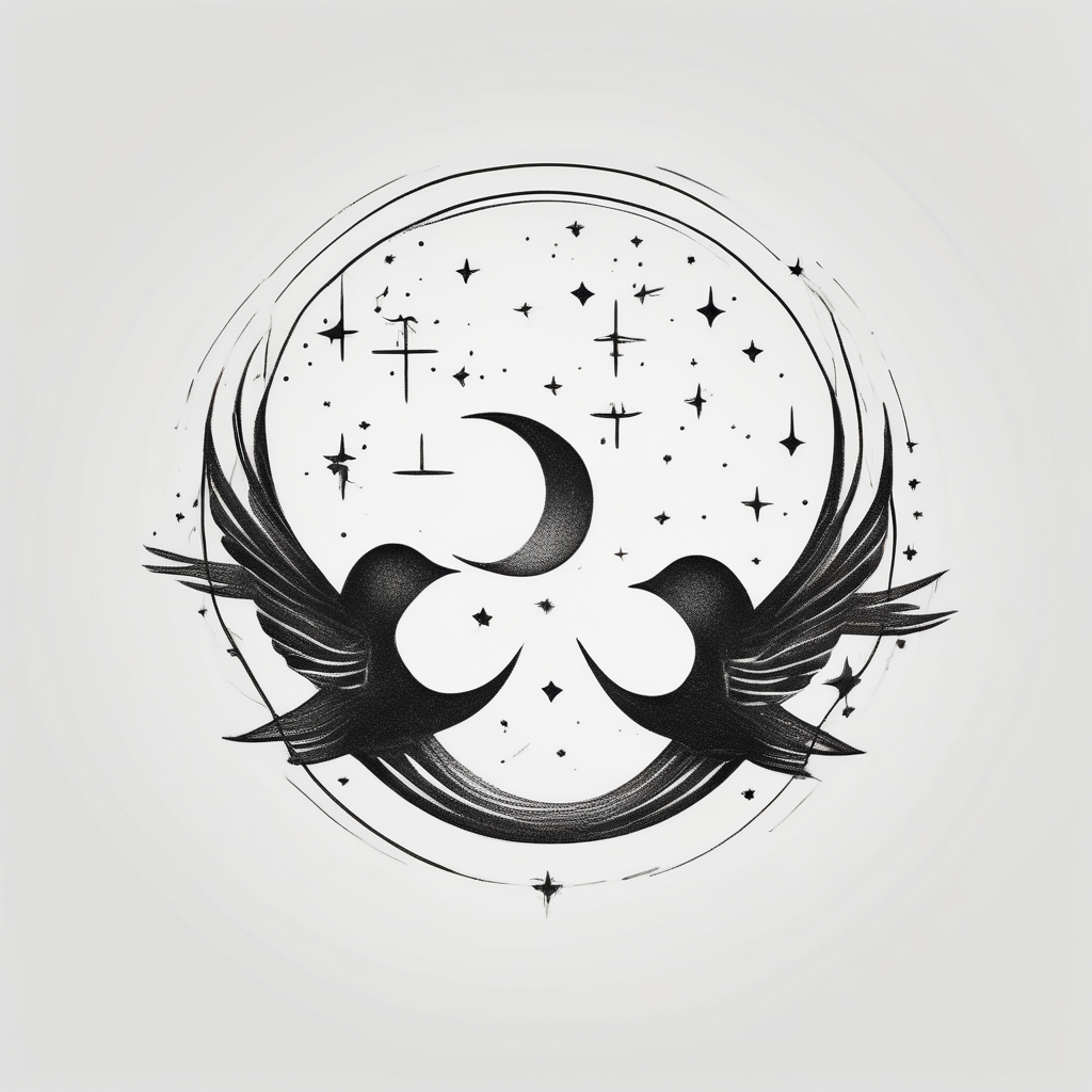 two birds sitting, stars and infinite theme couples tattoo glitter tattoo, AI-generated Minimalist tattoo design